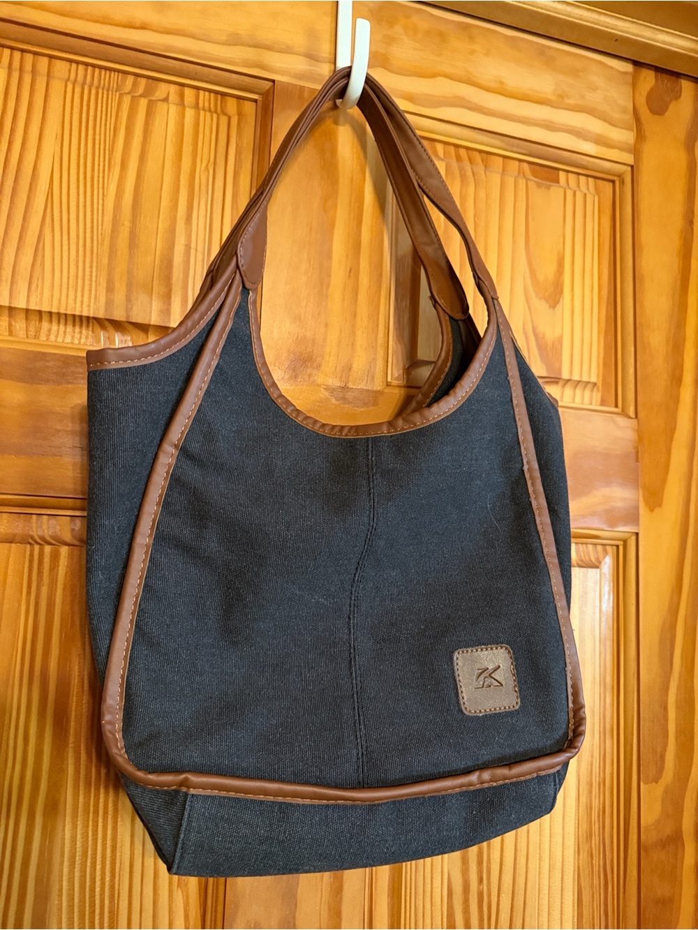 Canvas Shoulder Bag- Charcoal with Brown Trim